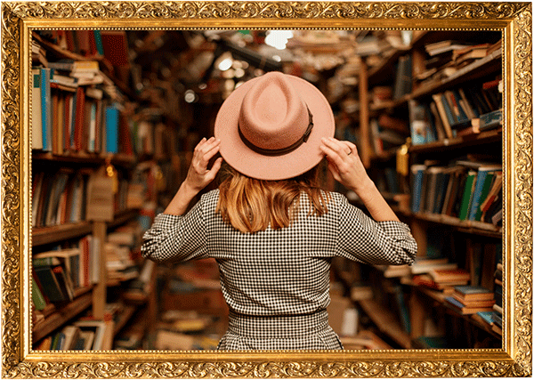 Framed photo of a girl wearing a hat in a messy library