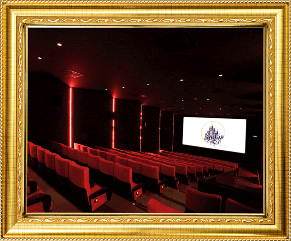 Framed image of a movie theatre with the Paravelle logo