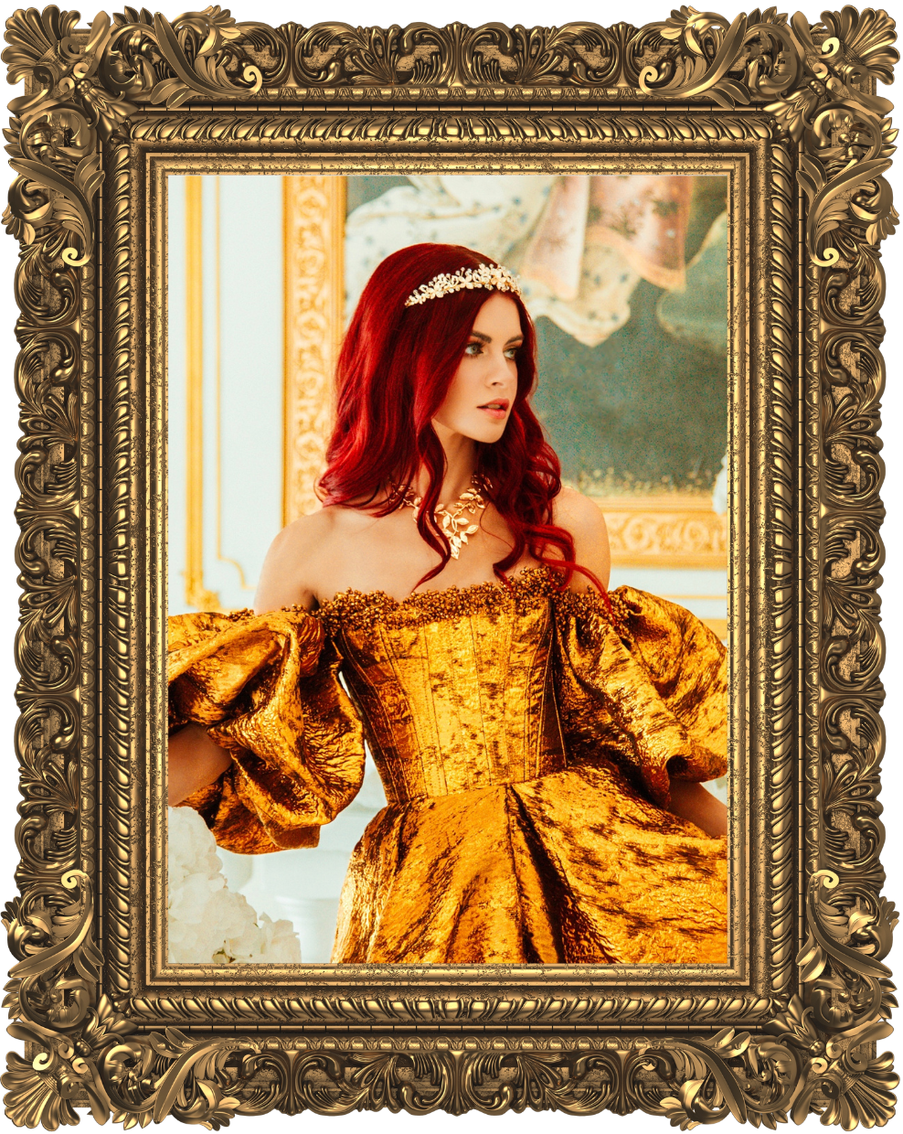 Portrait of a red haired princess in a gold dress in front of an ornate painting inside a gold frame at a fantasy event