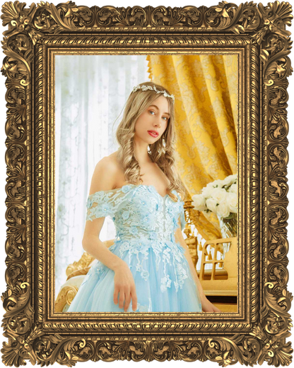 Portrait of a blonde haired princess in a light blue cinderella style dress in front of an ornate gold piano and curtains inside a gold frame at a fantasy event