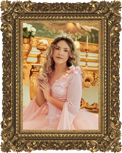 Portrait of a blonde haired princess in a pink dress covered in flowers in front of a gold and white wall inside a gold frame at a fantasy ball